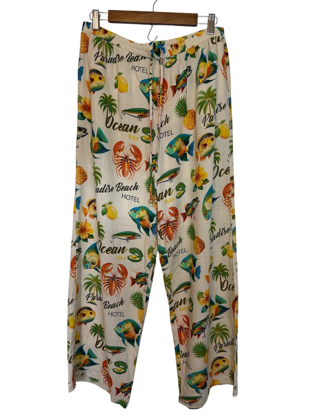 NWT Rose & Olive Resort Getaway Tropical Pull On Draw String Wide Leg Pants L